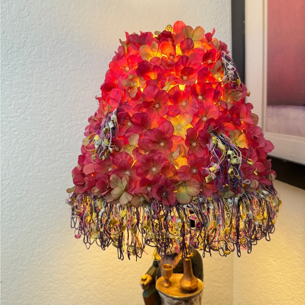 Handmade pink hydrangea flowers and colorful fringe trim Lamp Shade 10”